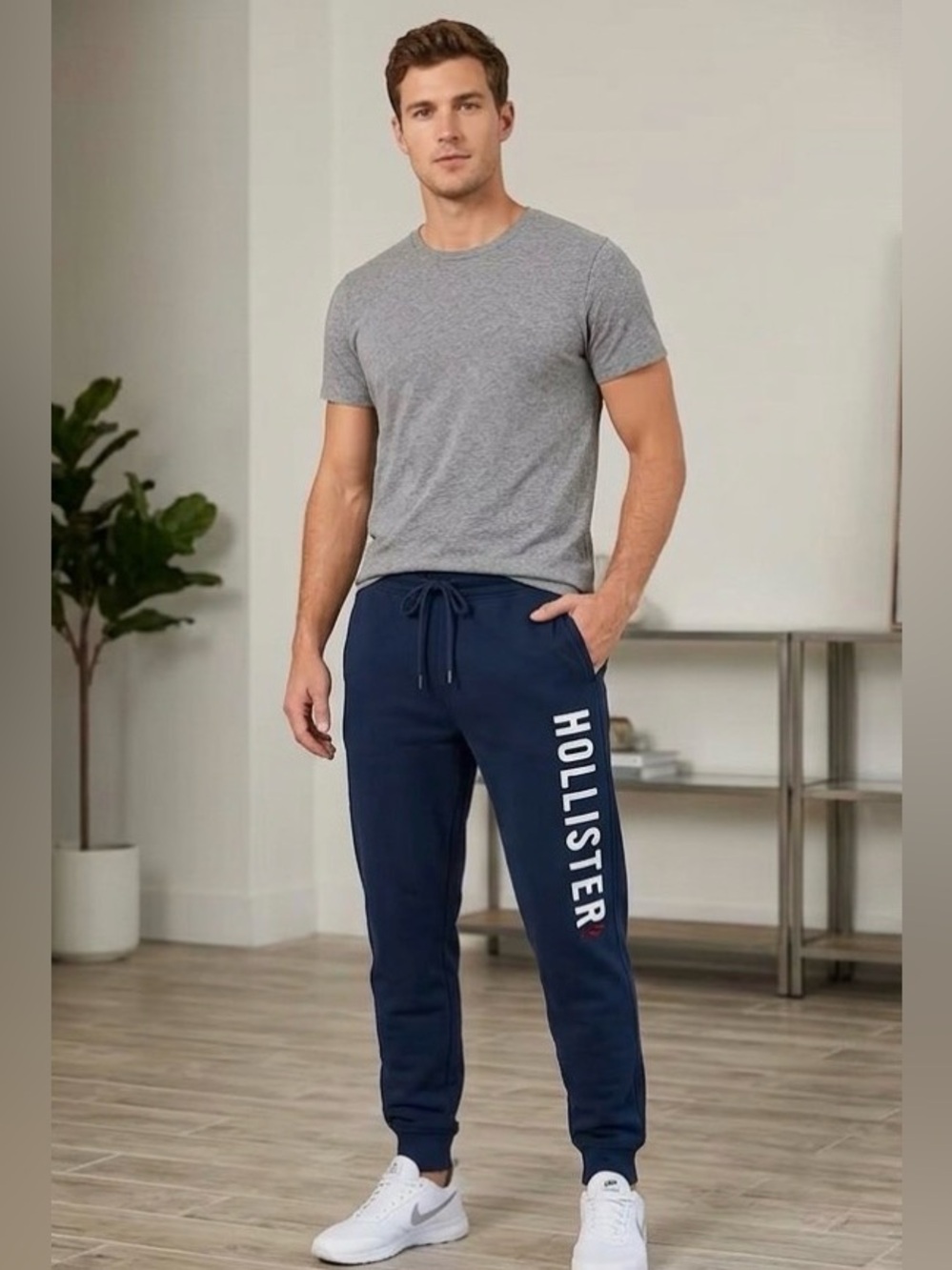 Hollister Navy Blue Logo Joggers with White Lettering